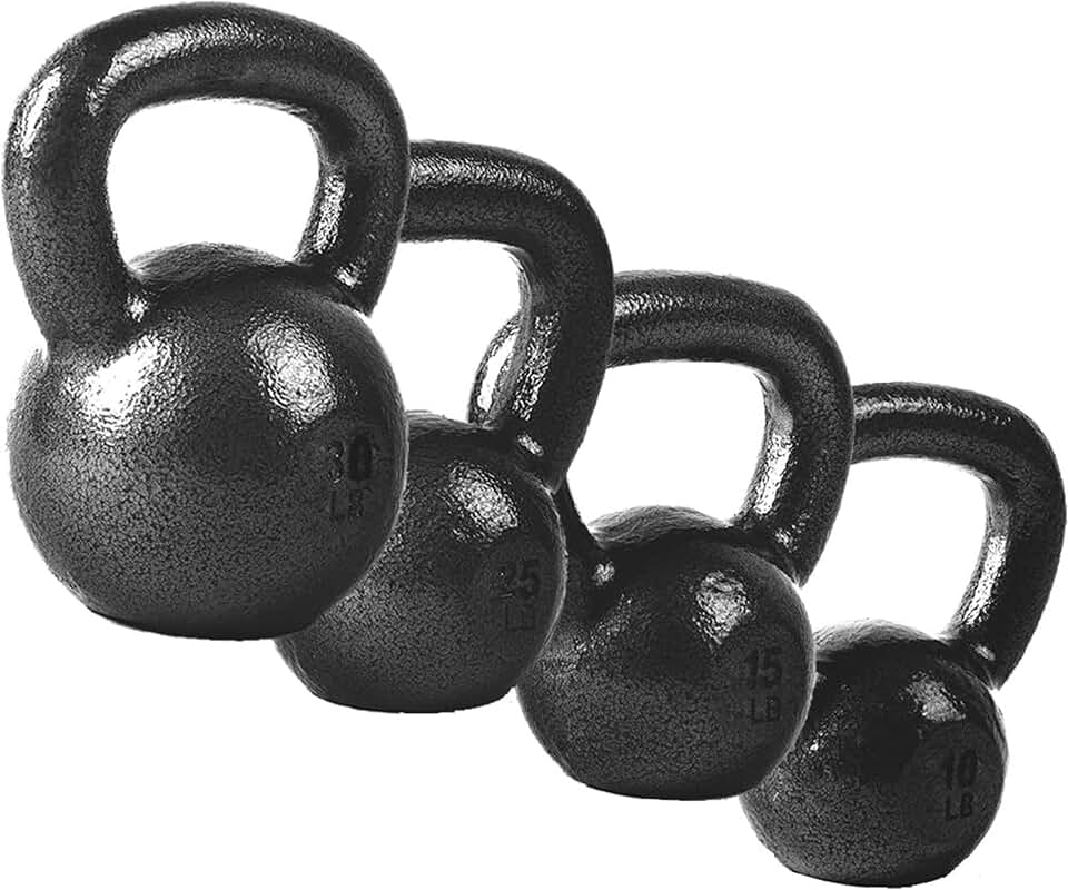 CAP 80 LB Cast Iron Kettlebell Set, 10/15/25/30 LB, Black | 4 Kettlebells, 10/15/25/30 LB, Solid Cast Iron, Industrial Enamel, Wide Handles, Flat Bases, Black Finish