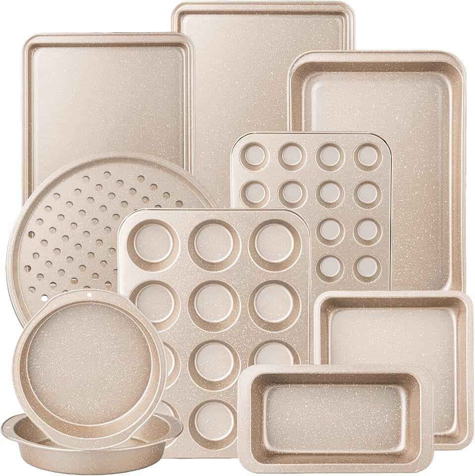 Terlulu 10-Piece Baking Pans Set, Nonstick Bakeware Sets, Baking Set for Oven Cooking, Stackable Carbon Steel Pans Include Cookie Sheets, Muffin Pan, Cake Pan, Pizza Pan, Loaf Pan, Roasting Pan, Gold