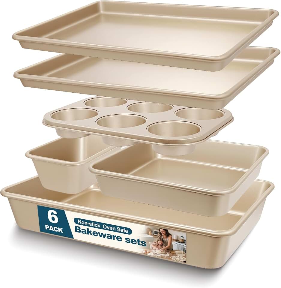 Baking Pans Set, Nonstick Stackable Bakeware Sets, Oven Pans for Cooking, AIVIKI 6 Piece Baking Sheets Set Including Cookie Sheet, Deep Roaster Pan, Square Pan, Loaf Pan, Muffin Pan, Carbon Steel