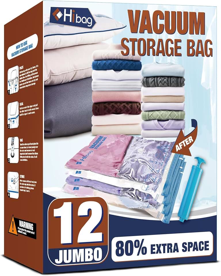 12 Jumbo Vacuum Storage Bags for Bedding, Vacuum Seal Bags for Clothing | Extra Large XL, Airtight Triple Seal, Save 80% Space, Hand Pump, Work with Vacuum, Double Zip, Reusable, Easy to Use