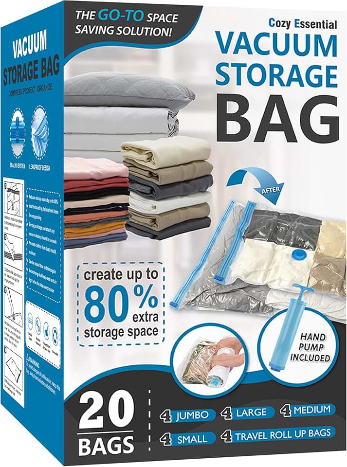 Vacuum Storage Bags with Hand Pump, Vacuum Seal Space Saver Bags,20 Combo | 80% Space-Saving Bags for Clothing, Blankets, Pillows, Bedding &amp; Comforters; Multi-Size Variety Pack for Home &amp; Travel