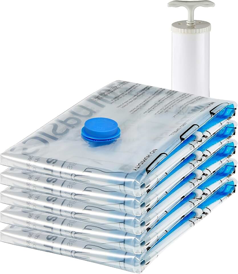 Amazon Basics Vacuum Storage Bags, Compression Space Saving for Clothes and Linens, Reusable with Hand Pump, Large, Clear, 5-Pack