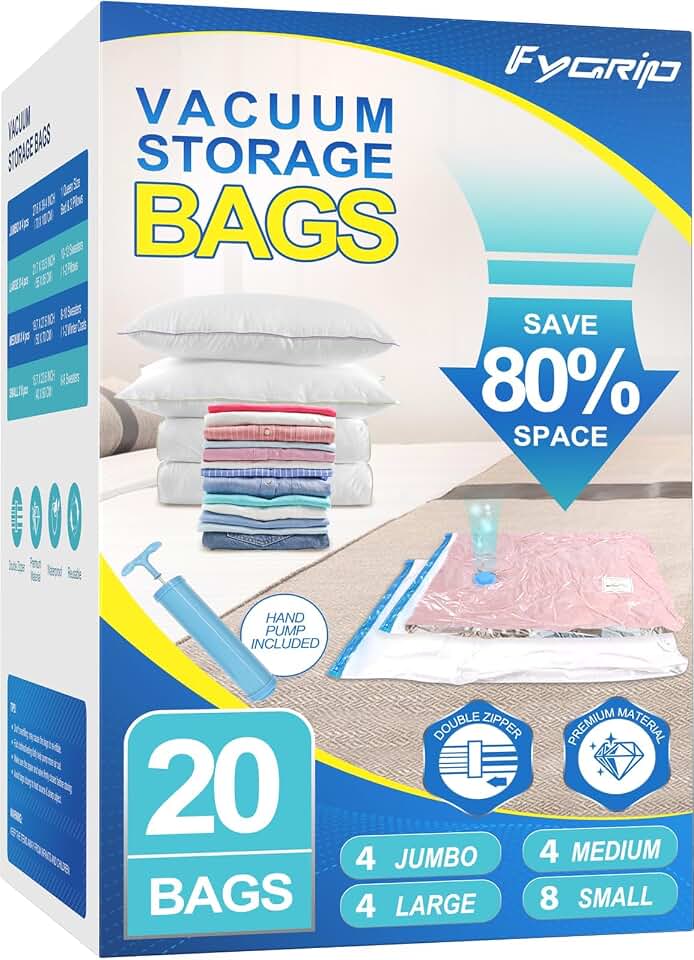 Fygrip 80% Space Saver Vacuum Storage Bags with Hand Pump, 20 Combo | Plastic Packaging Bags, Vacuum Seal Bags for Clothing, Travel Luggage, Blankets, Comforters