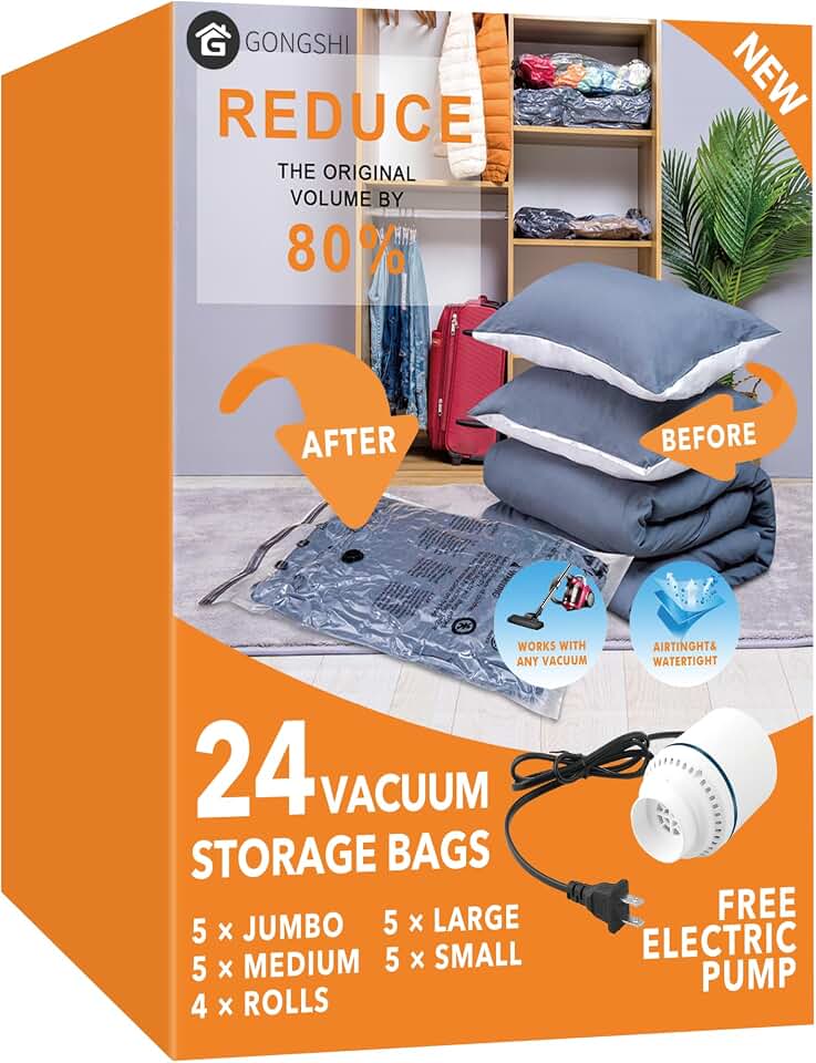 GONGSHI Vacuum Seal Bags for Clothing Travel &amp; Home Storage, Travel Vacuum Bags with Pump,Space Saver for Blankets, Comforters, Pillows, Clothes,24 Combo with Electric Pump Recycled Claim Standard 100