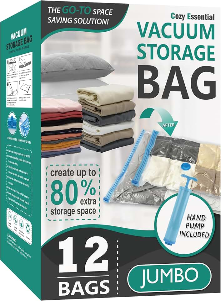 12 Jumbo Vacuum Storage Bags for Blankets &amp; Bedding, Space Saver Bags | Jumbo Capacity for Bulky Bedding; 80% Space-Saving for Blankets, Comforters &amp; Pillows; For Closets &amp; Seasonal Storage