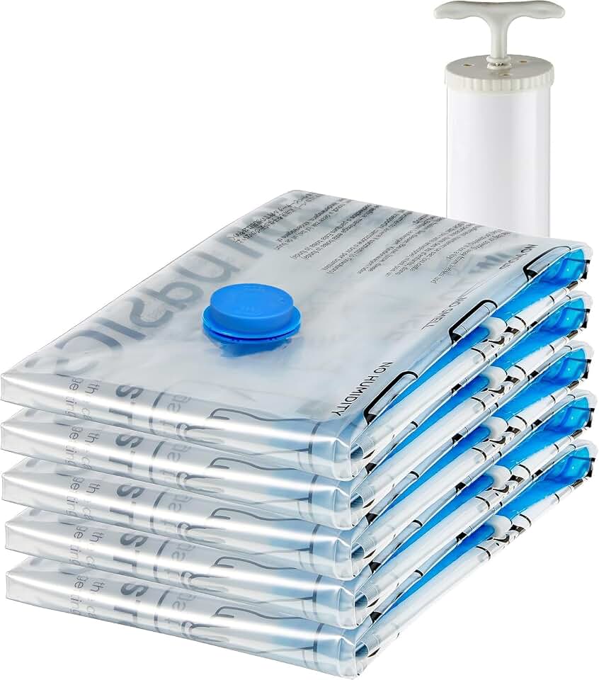 Amazon Basics Vacuum Storage Bags for Clothes, Compression Zipper with Hand Pump, Medium, White, Sky Blue, 5-Pack