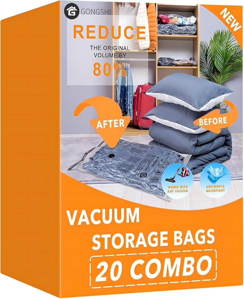 GONGSHI Vacuum Storage Bags for Clothing, 20-Piece Set | 4 Jumbo, 4 Large, 4 Medium, 4 Small and 4 Roll-Up Bags; Great for Clothes, Bedding, Closets, Travel and Seasonal Organization