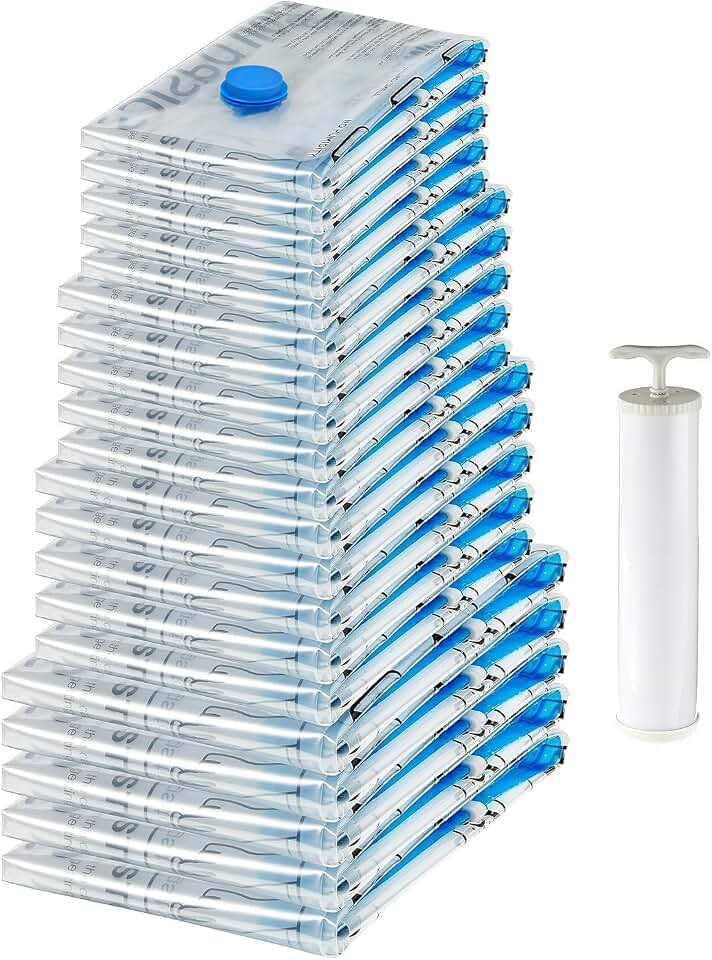 Amazon Basics Vacuum Storage Bags with Hand Pump for Travel, Space Saving Compression Bags for Clothes, Clothing, Blankets and Duvets, Clear, 20 Pack (5 Small, 5 Medium, 5 Large &amp; 5 Jumbo)