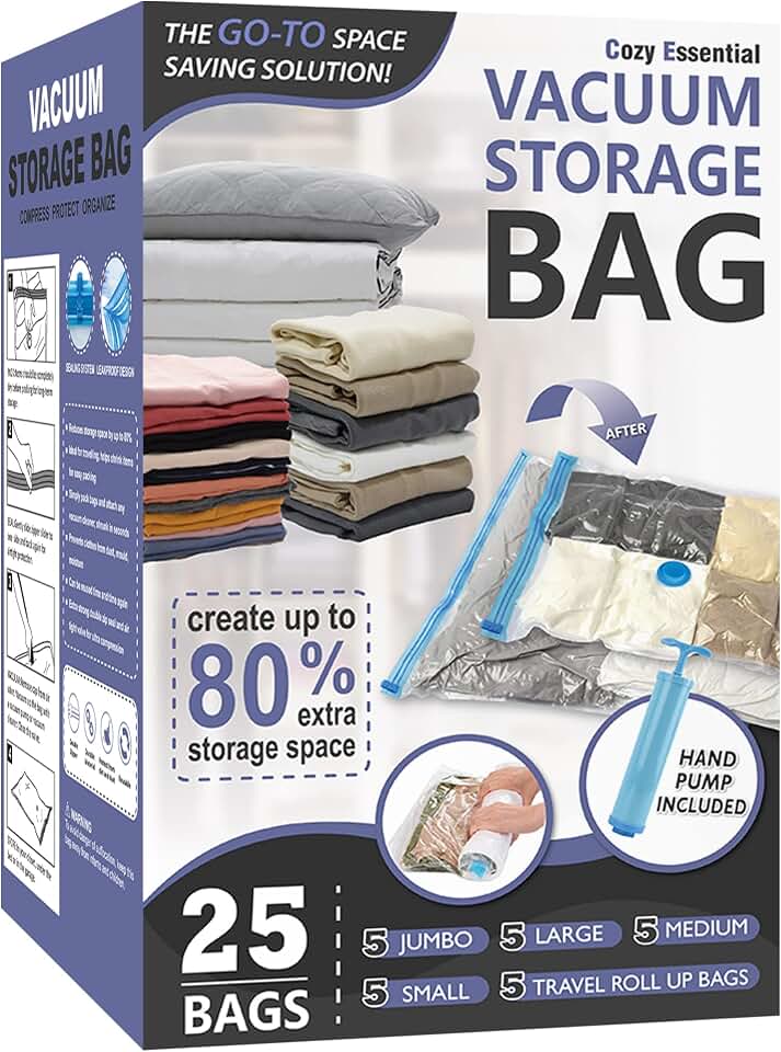 Vacuum Storage Bags with Hand Pump, Vacuum Seal Space Saver Bags,25 Combo | 80% Space-Saving Bags for Clothing, Blankets, Pillows, Bedding &amp; Comforters; Multi-Size Variety Pack for Home &amp; Travel