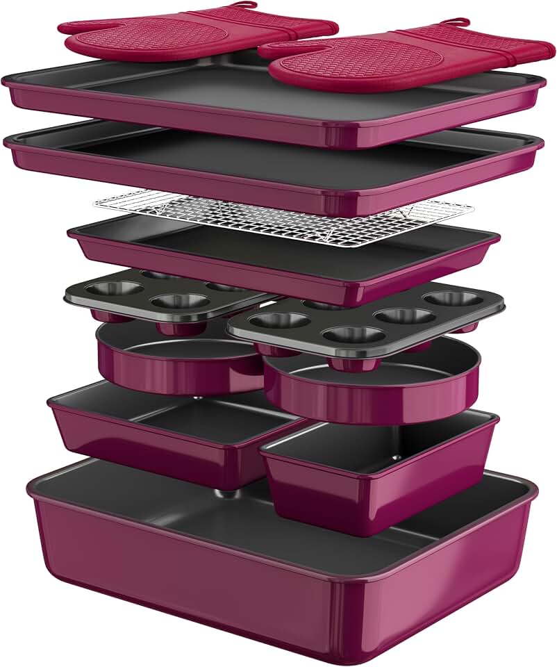 Wildone 13-Piece Baking Pans Set, Nonstick Bakeware Sets, Plum | Includes Cookie Sheet with Rack, Cake Pan, Loaf Pan, Roasting Pan, Muffin Pan, Easy-Release, PFAS-Free, Stackable, Housewarming Gift