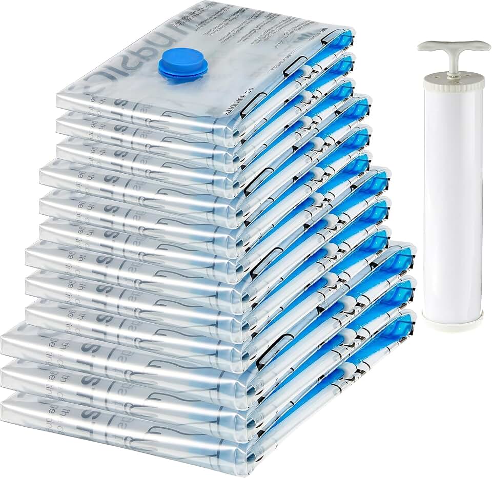 Amazon Basics Vacuum Storage Bags with Hand Pump for Travel, Space Saving Compression Bags for Clothes and Blankets, Clear, 12 Pack (3 Small, 3 Medium, 3 Large &amp; 3 Jumbo)
