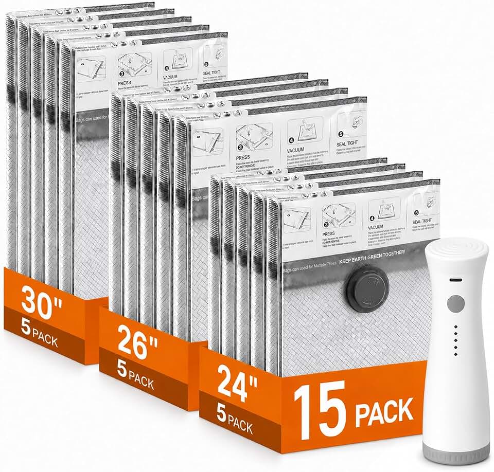 Vacuum Storage Bags with Pump, Space Saver Travel Vacuum Storage Bags for Clothes, Reusable Tear-Proof Compression Packing Cubes for Heavy Clothes/Bedding/Luggage/Moving, 15 Combo Size