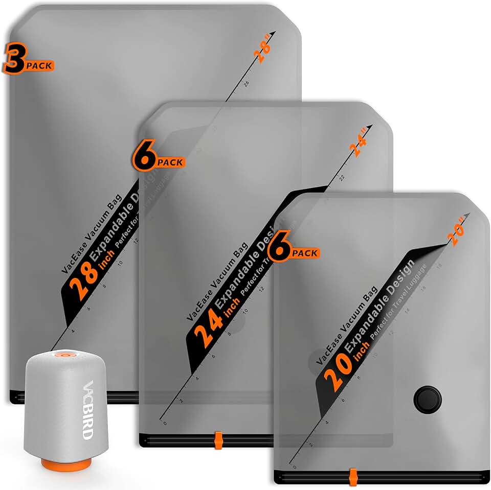 Vacbird Rechargeable Wireless Pump Travel Storage Bags Set - Portable Space Saver Bags for Travel &amp; Home - Vacuum Compression Packing Seal for Clothes, Blankets, Seasonal Storage 15 Combo Set