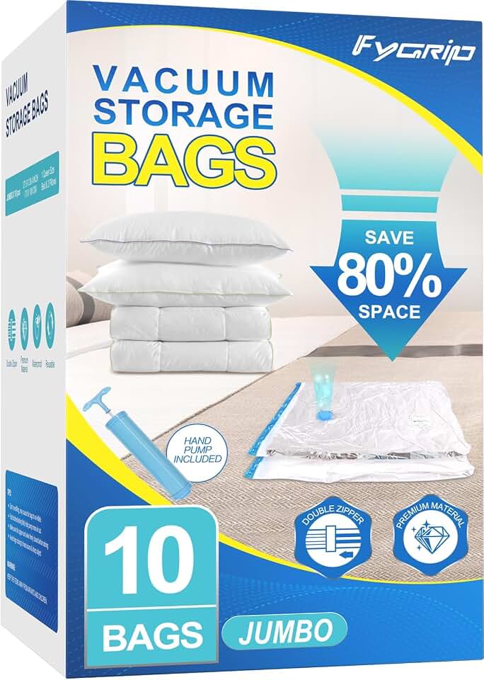 Fygrip 80% Space Saver Vacuum Storage Bags with Hand Pump, 10 Jumbo | Plastic Packaging Bags, Vacuum Seal Bags for Clothing, Travel Luggage, Blankets, Comforters