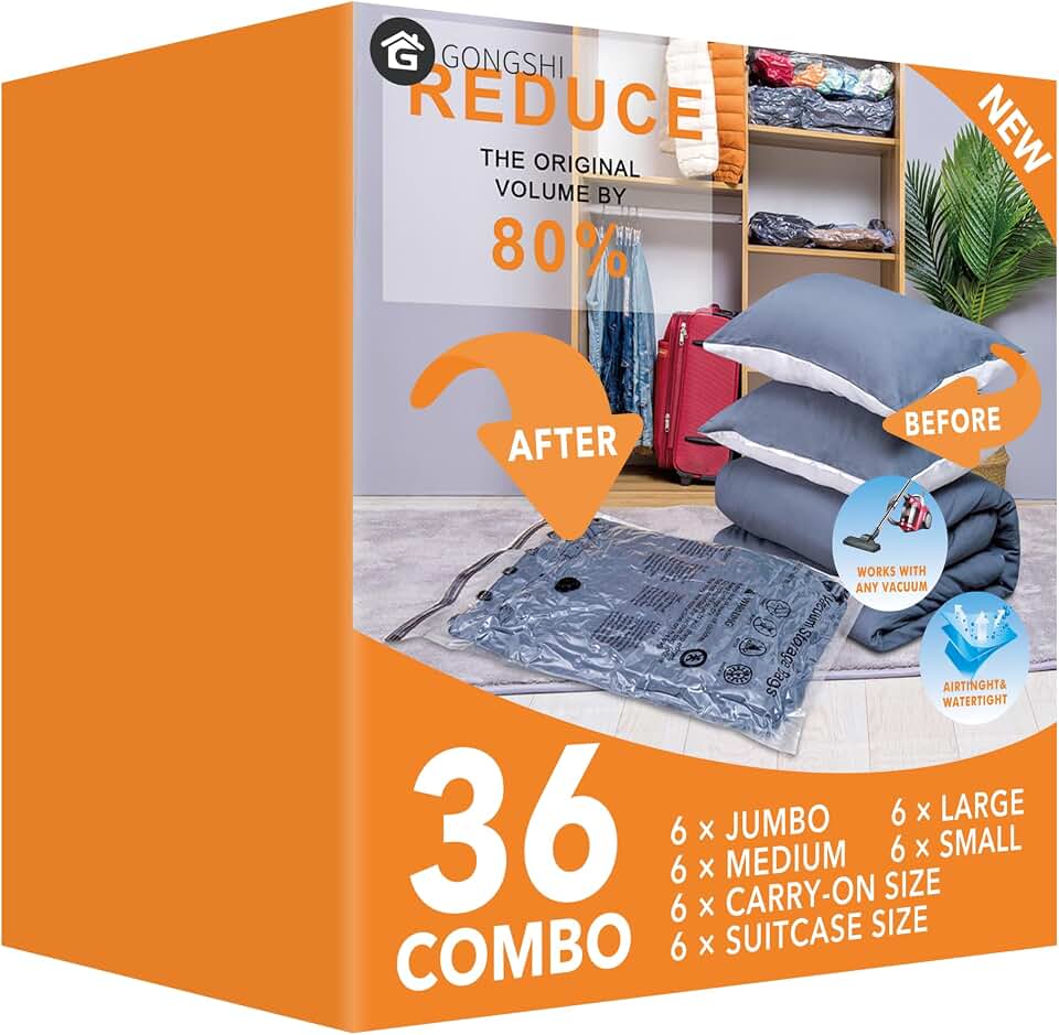 GONGSHI Vacuum Storage Bags for Clothing, 36-Piece Set | 6 Jumbo, 6 Large, 6 Medium, 6 Small and 12 Travel Roll-Up Bags; Great for Clothes, Bedding, Luggage and Seasonal Storage Recycled Claim Standard 100