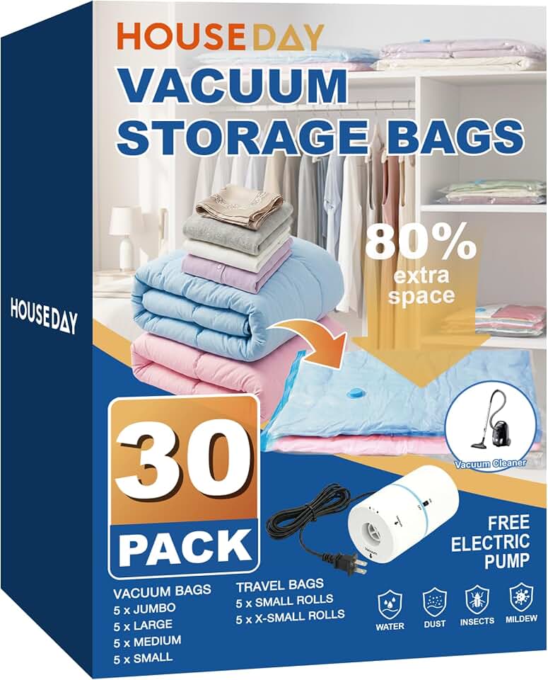 HOUSE DAY 30 Pack Vacuum Storage Bags with Electric Pump, 4 Sizes + 2 Roll-Up (5 Each), Space Saver Vacuum Seal Bags for Clothing, Bedding, Pillows, Travel – Airtight Seal, Reusable &amp; Durable Global Recycled Standard