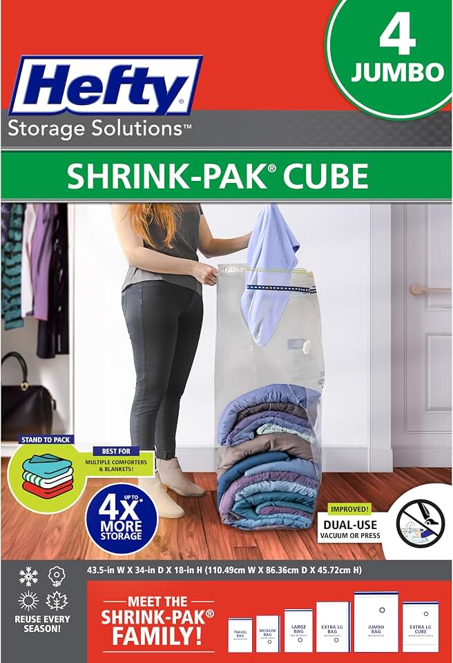 Hefty Shrink-Pak Vacuum Storage Bags – For Clothes, Pillows, Towels, Blankets &amp; More – Space Saver Vacuum Suction Sealer Bags for Home or Travel – 4 Jumbo Cubes, 43.5 x 34 x 18 Inches