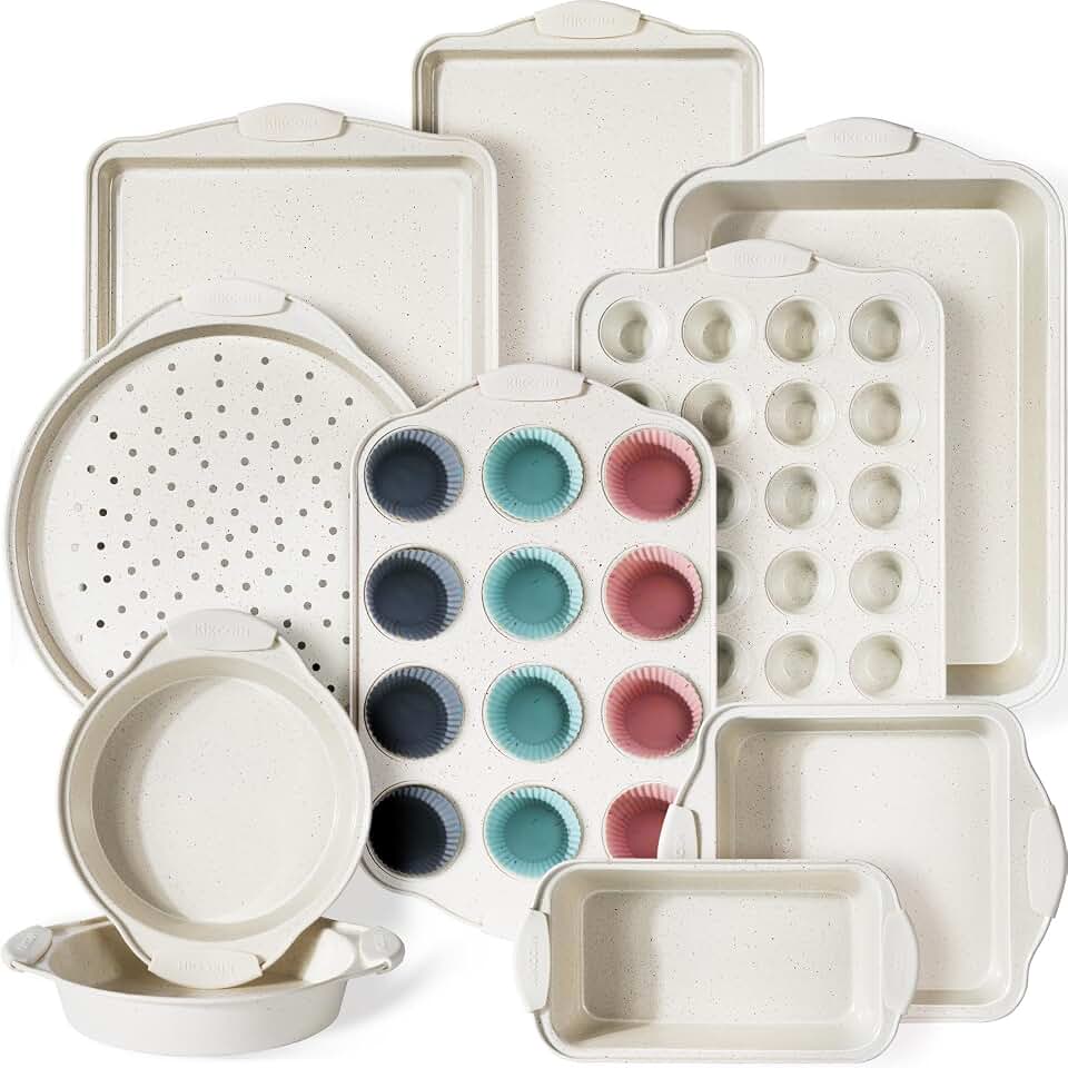 Kikcoin 22 PCS Nonstick Baking Pans Set, Stackable Bakeware Sets featuring Silicone Handles, 450°F Oven Safe Baking Sheet Set, Easy Release Cookie Sheets for Baking, Cream