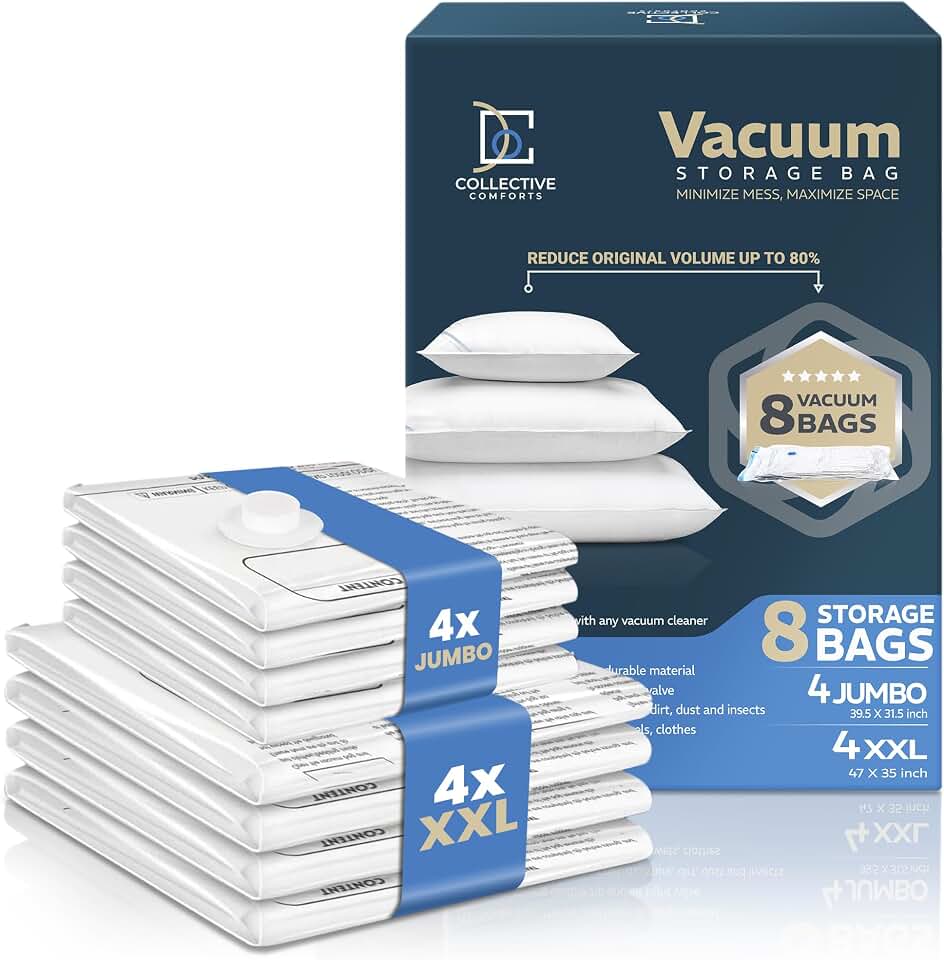 8 Pack XXL &amp; Jumbo Space Saver Vacuum Storage Bags | Vacuum Seal Bags for Clothing, Bedding, Blankets and Comforters, 4 XXL + 4 Jumbo Extra Large Compression Storage Bags
