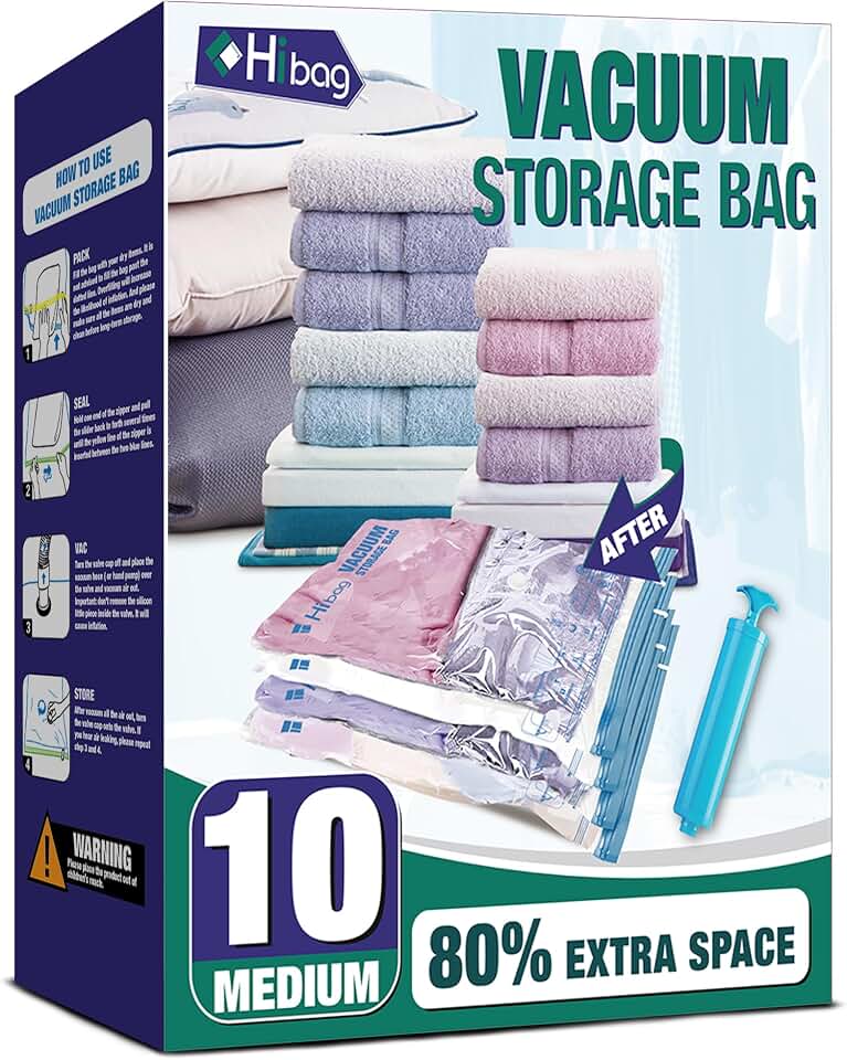 Vacuum Storage Bags, 10 Medium Space Saver Vacuum Seal Bags, Space Bags, Vacuum Sealer Bags for Clothes with Travel Hand Pump (10M)