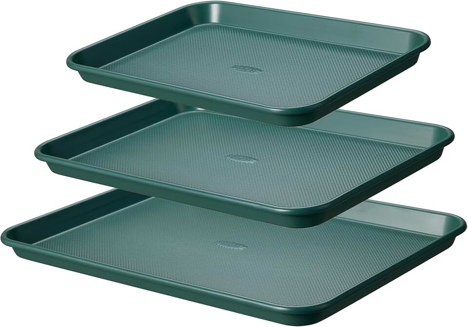 CAROTE 3-Piece Baking Sheet, Nonstick Cookie Sheets, Olive Green | 13, 15 &amp; 17-Inch, Carbon Steel Baking Pans Set, Easy-Release, Oven Safe Up to 446°F, Even Heating, PFAS-Free, Space Saving