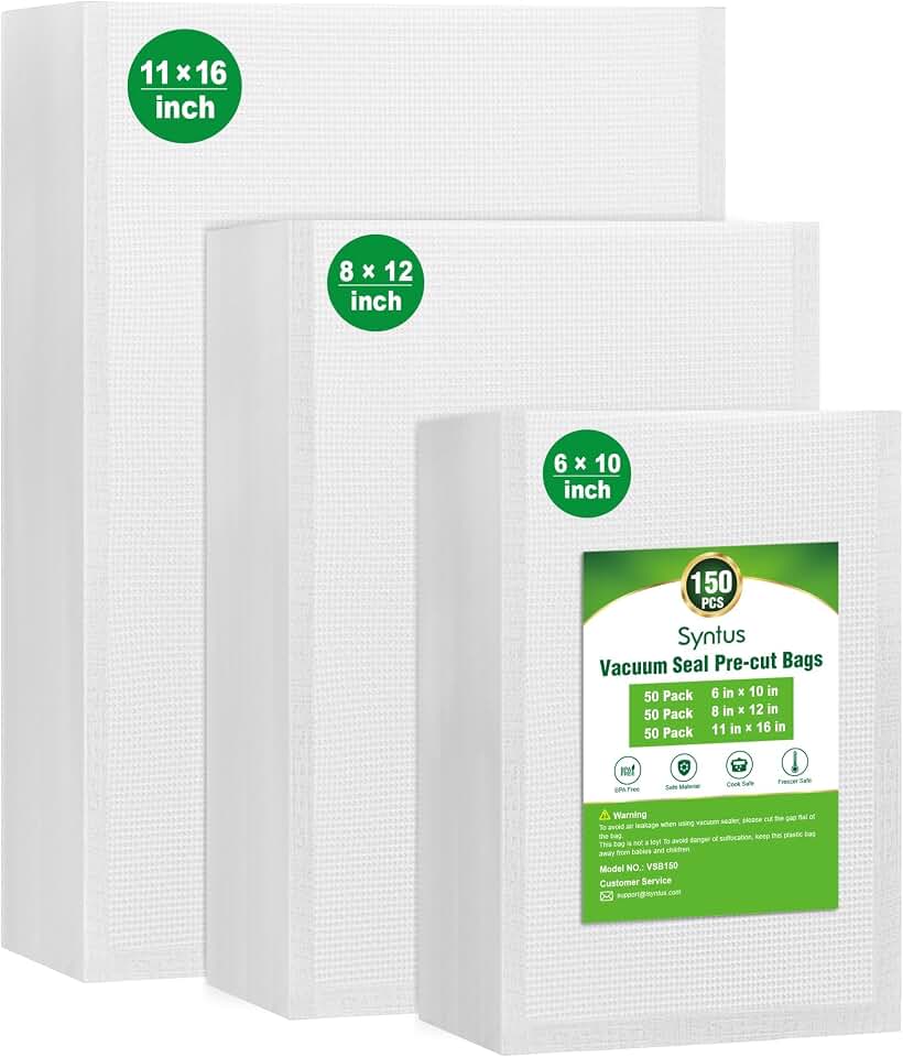Syntus 150 Pcs Vacuum Sealer Bags for Food, 8x12+11x16+6x10, BPA Free | Precut Bags, 50 Quart + 50 Gallon + 50 Pint, Sous Vide Microwave Freezer Safe, Food Vacuum Storage, For All Vacuum Sealers ClimatePartner certified