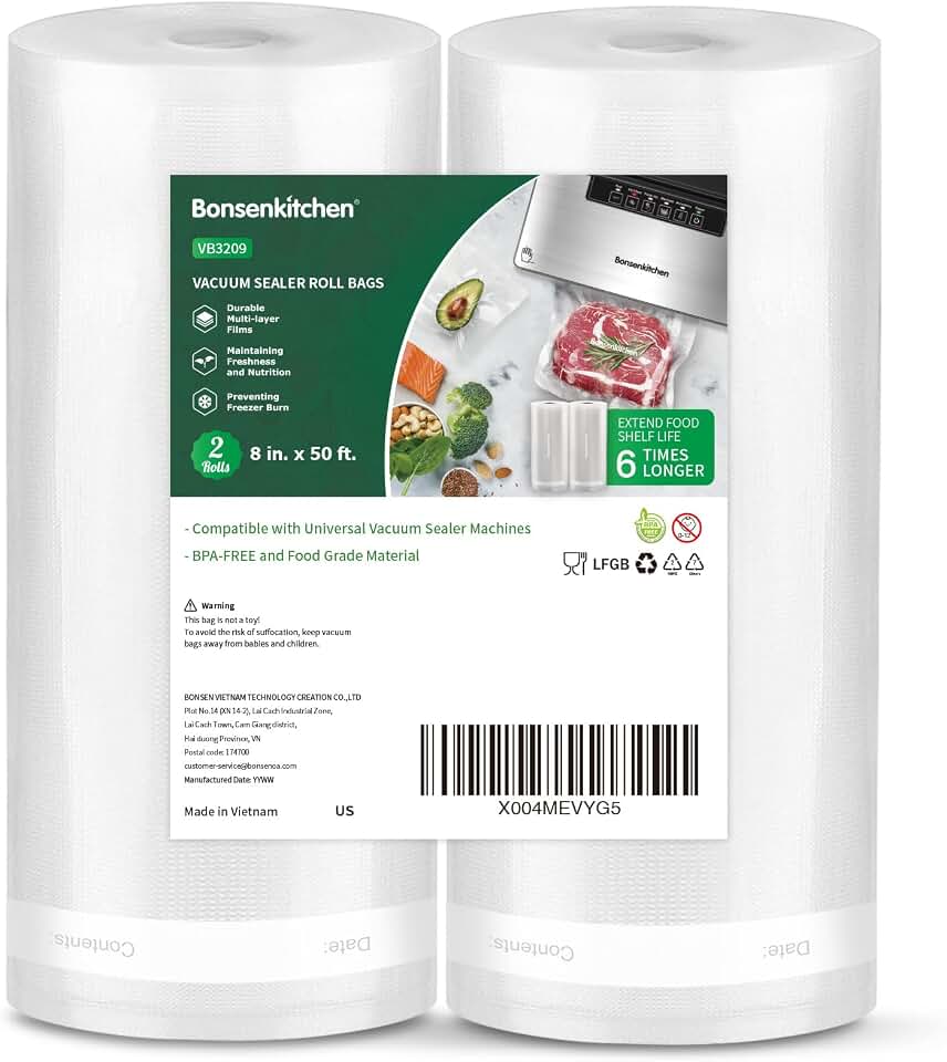 Bonsenkitchen Vacuum Sealer Bags, 8" x 50' Rolls 2 pack for Food Storage | Commercial Grade Textured Food Roll, Heavy Duty, Customized Size Bag for Sous Vide Cooking, BPA Free, VB3209