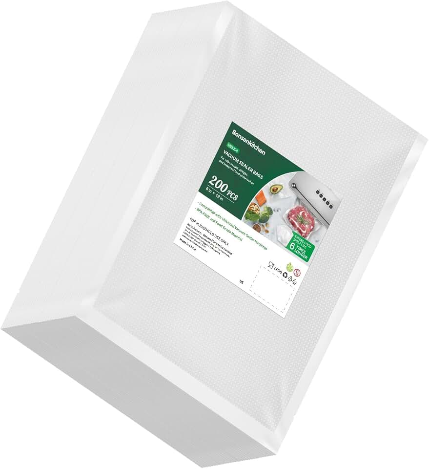 Bonsenkitchen Precut Vacuum Sealer Bags 200 Quart 8" x 12", BPA Free | Commercial Grade Textured Food Vacuum Sealer Bag, Thick Embossed Bags for Storage and Sous Vide Cooking, VB3208