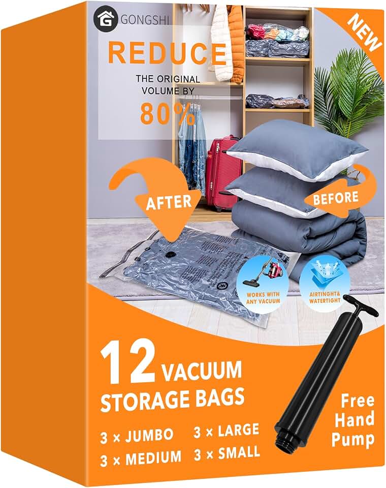 GONGSHI Vacuum Storage Bags for Clothing, 12-Piece Set | 3 Jumbo, 3 Large, 3 Medium and 3 Small Bags for Clothes, Bedding and Blankets; for Home Organization, Travel and Storage Recycled Claim Standard 100