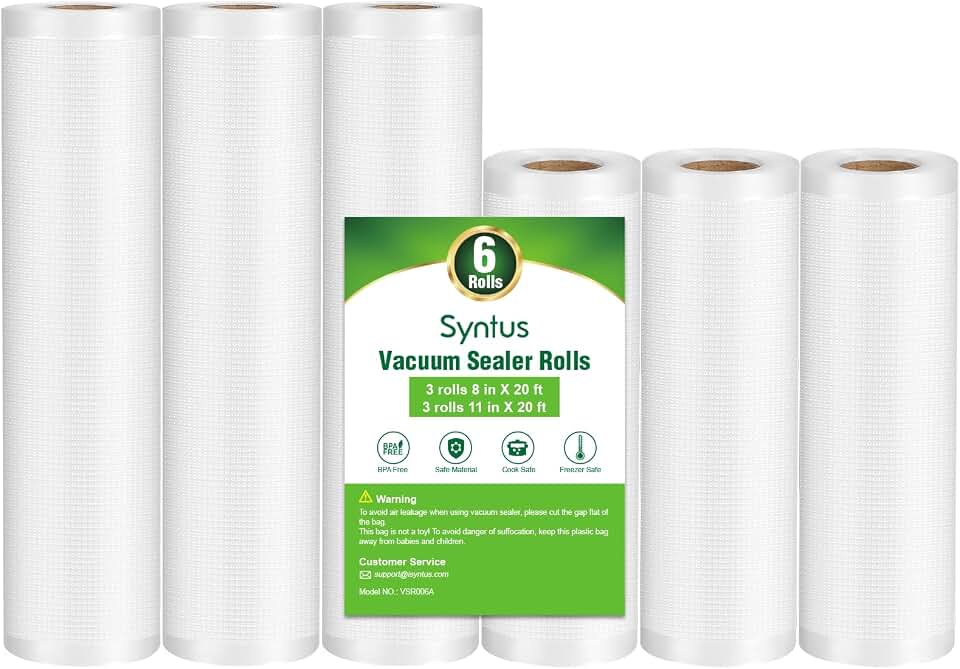 Syntus Vacuum Sealer Bags for Food, 3 Rolls 11" x 20' and 3 Rolls 8" x 20' | 6 Pack, BPA Free, Custom Size, Heave-duty, Durable, Sous Vide Cooking Freezer Microwave Safe, Works with All Vacuum Sealers