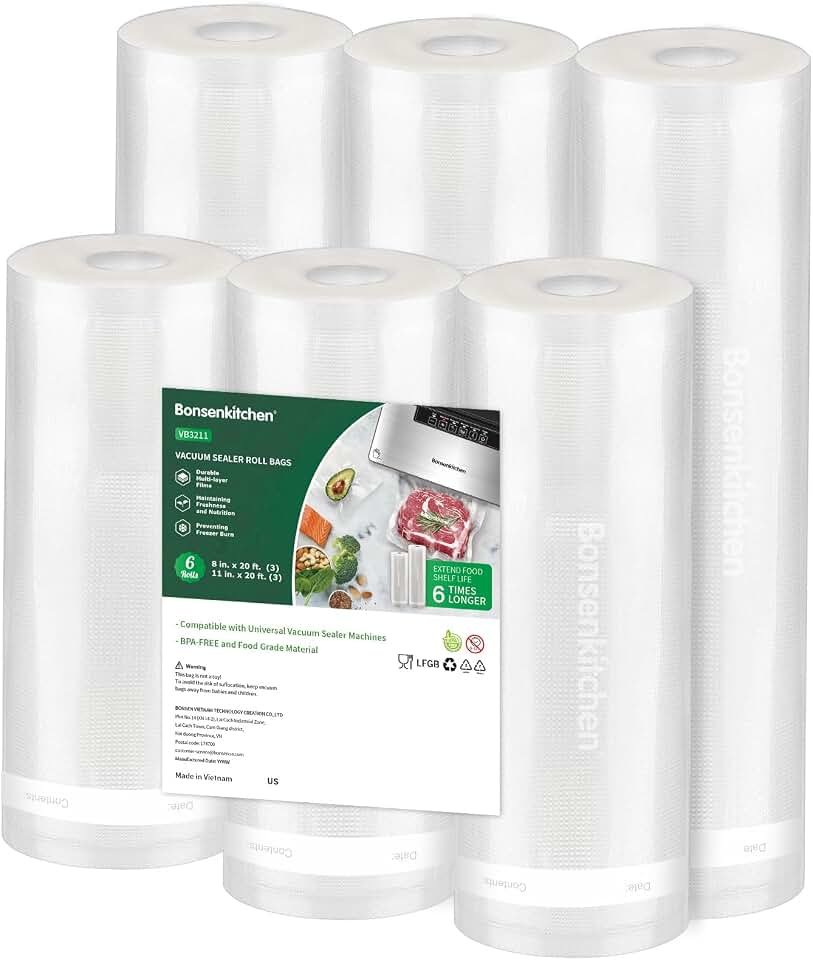 Bonsenkitchen Vacuum Sealer Rolls bags, 3 Rolls 11"x 20'+ 3 Rolls 8"x 20' | 6 Pack, Commercial Grade, Durable, BPA-Free, Custom-Size Vacuum Sealer Bags for Dry/Moist Food Storage and Sous Vide, VB3211