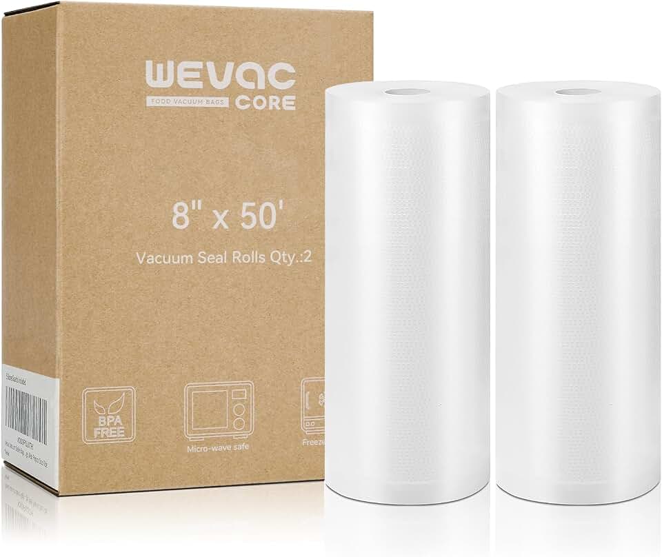 Wevac Vacuum Sealer Bags for Food 8x50 2 Rolls, Fit Food Saver Machines | Sous vide, Freezer Safe, BPA-free, Commercial Grade, Heavy Duty Vacuum Sael Bags for All Sealer Machines, Meal Prep Meat Fish
