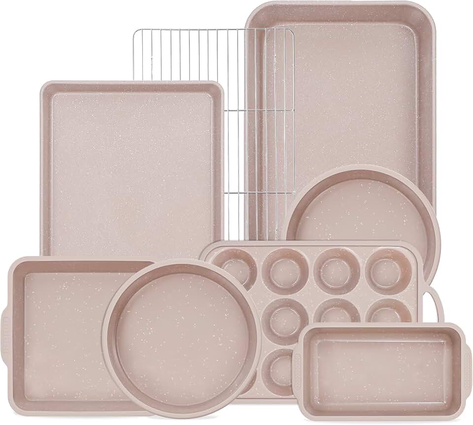 8 Pcs Baking Pans Set | Silicone Bakeware with Metal Reinforced Frame, Nonstick, Stackable Carbon Steel, Non Toxic, Chocolate