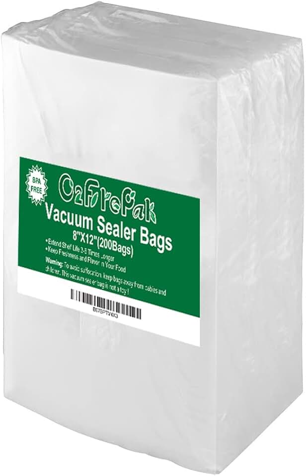 O2frepak Quart 8"x12" Vacuum Sealer Bags 200ct for Food Storage | BPA Free PreCut Food Grade,Commercial Grade,Heavy Duty Vacuum Food Freezer Bags,Great for Sous Vide Vacuum Sealer