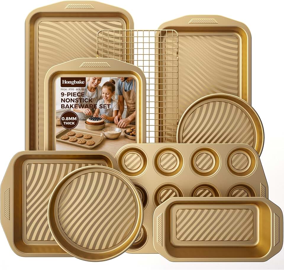 9-Piece Nonstick Bakeware Set, Non-Toxic Baking Pans Set, Gold | Wave Texture for Easy Release, Heavy-Duty 0.8mm Carbon Steel, Nesting Design Recycled Claim Standard Blended