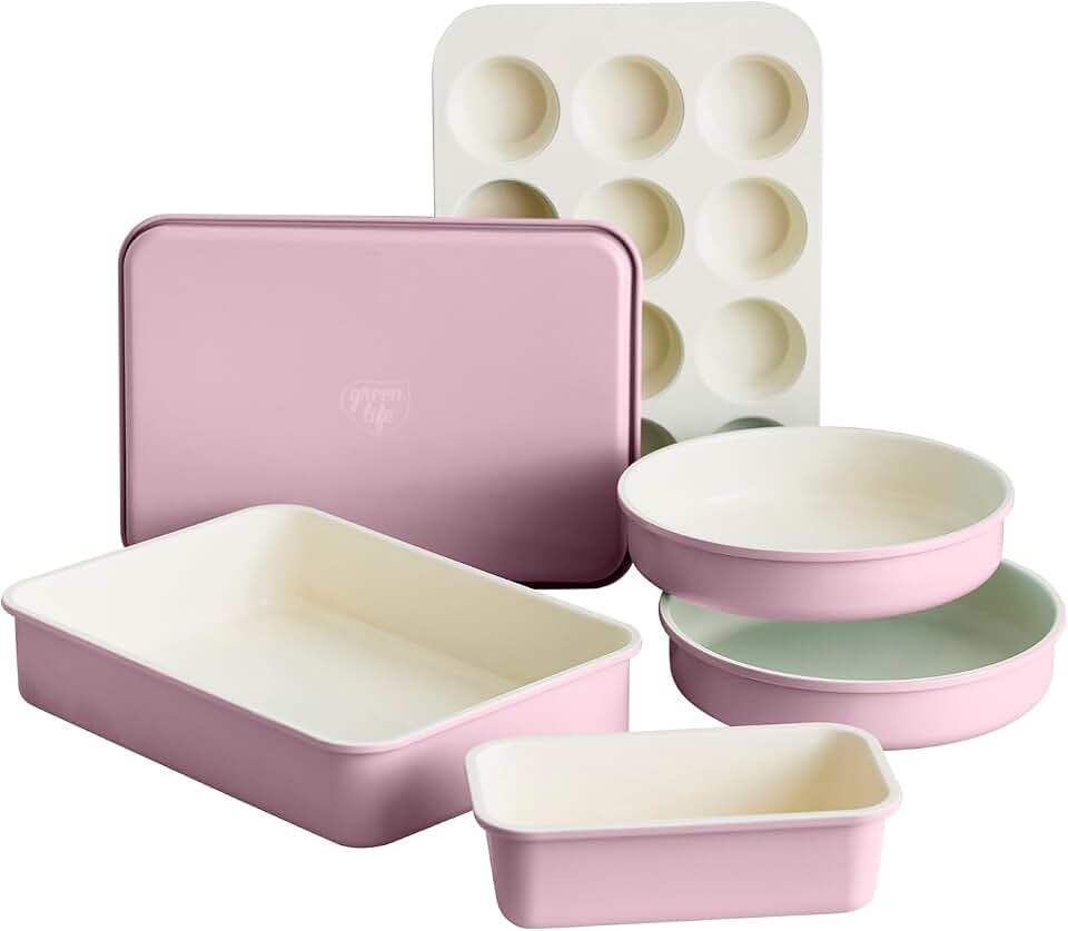 GreenLife 6 Piece Ceramic Nonstick Oven Bakeware Set, Pink | PFAS-Free Ceramic Nonstick, Baking Set, Cookie Sheet, Loaf, Cake &amp; Muffin Pans, Simple Release, Dishwasher &amp; Oven Safe to 450F