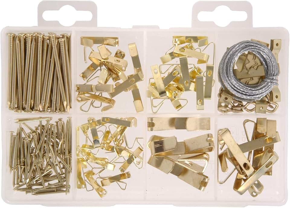 Hillman Picture Hanger Assortment Kit, 10 to 100 lb, 200 Piece Medium | Every size in one box, angled nails hold firm, removes clean, gallery walls, framed art, mirrors, drywall, wood, plaster