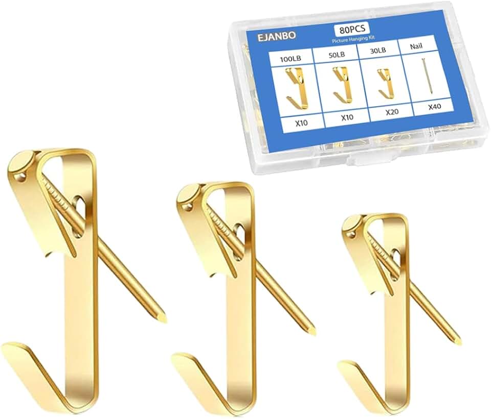 80-Piece Picture Hanging Kit, 30/50/100 lb Hooks with Nails | 40 hooks and 40 nails in 30, 50 and 100 lb sizes; organized kit for frames, wall art and clocks on wood or drywall