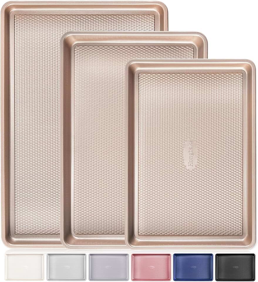 HONGBAKE Baking Sheet Pan Set of 3, Cookie Sheets for Oven, Nonstick Half/Quarter/Jelly Roll Pans featuring Diamond Texture Pattern, 0.8mm Thick Heavy Duty Cookie Tray, Champagne Gold Recycled Claim Standard Blended