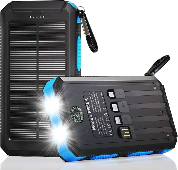 Durecopow Solar Charger Power Bank 20,000mAh, Portable Charger, 4 Cables 3 Ports Fast Charging External Battery Pack with USB C for Cell Phones, Solar Panel Charger with Dual Flashlight for Camping