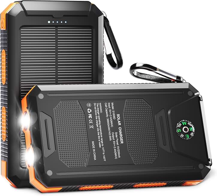 YELOMIN 38800mAh Solar Power Bank, Portable Charger USB-C Fast Charging Compatible with iPhone Samsung, Dual LED Flashlight Battery Pack, 3 Output Backup Charger for Camping Hiking Outdoor Emergency ClimatePartner certified