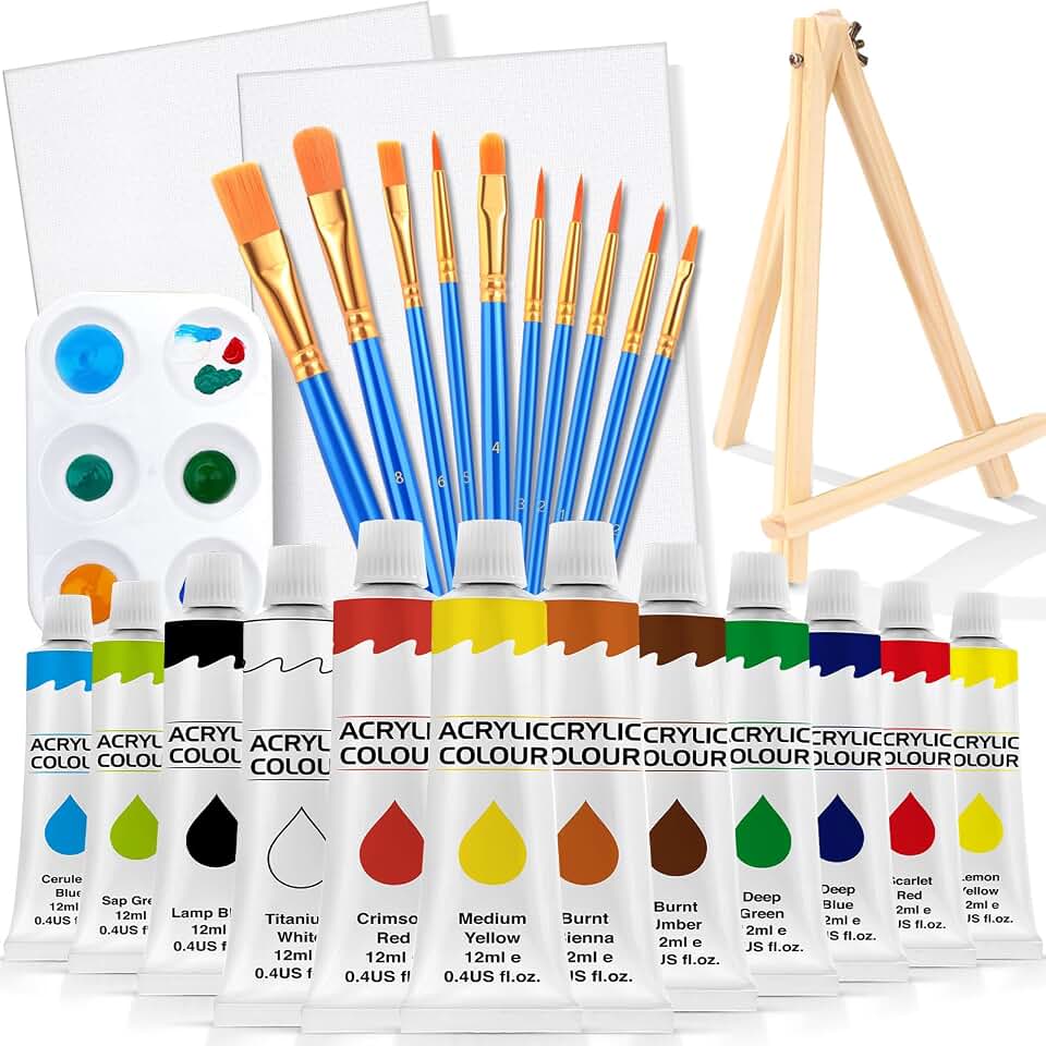 ESRICH 26 PCS Acrylic Paint Set with 12 Colors Acrylic Paints | 10 Paint Brushes, 2 Canvas, 1 Wood Easel, 1 Plate, Painting Supplies Kits for Kids, Adults, Artists and Beginners