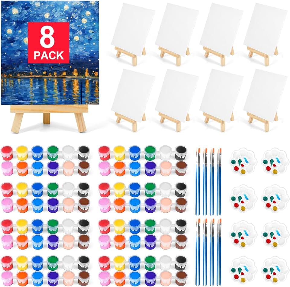 8 Pack 8 * 10In Canvas Boards for Painting, Art Canvas for Drawing with 16 Brushes &amp; 8 Paint Trays &amp; 16 Acrylic Paint, Mini Painting Canvas with Easel Set, Painting Kits for Adults Party