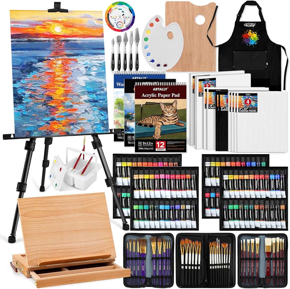 187Pcs Professional All-in-One Art Painting Kit with Aluminum &amp; Beech Wood Easel, 96 Acrylic, Watercolor &amp; Oil Paint Set, Complete Art Supplies Painting Set for Adults, Artists, Beginners
