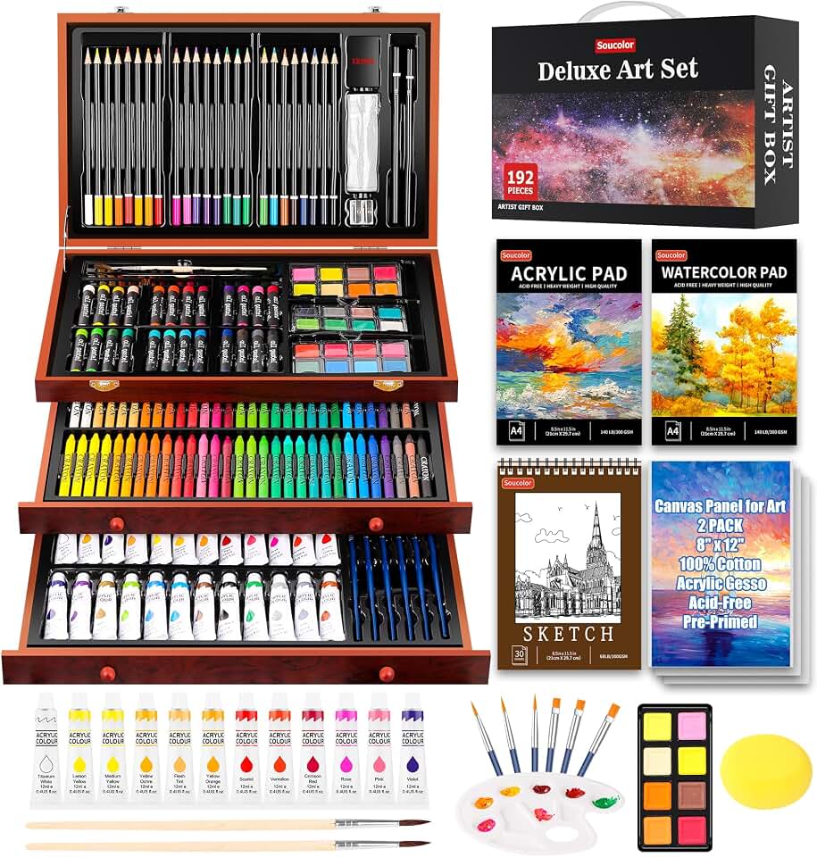 Soucolor Art Supplies,192 Pack Deluxe Art Set Drawing Painting Supplies Kit | Acrylic Pad, Watercolor Pad, Sketch Book, Canvases, Acrylic Paint, Crayons, Pencils, Gifts for Artist Adults Teen Kids