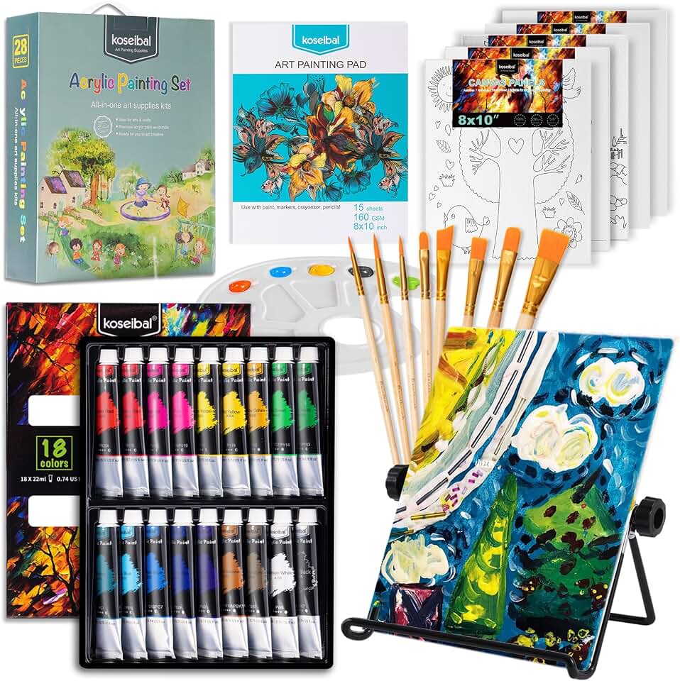 koseibal Acrylic Paint Set for Kids &amp; Adults, Art Supplies Kit with Canvas | Acrylic Painting Supplies Kit Features 18 Vibrant Colors, 5 Canvas panels, 8 Art brushes, Drawing Pad