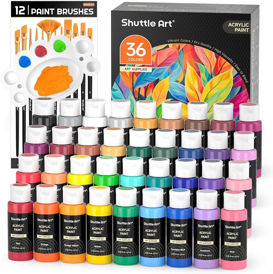 Shuttle Art Acrylic Paint, 36 Colors Acrylic Paint Set with Brushes &amp; Palette, 2oz/60ml Bottles, Rich Pigments Non-toxic for Artists Kids &amp; Adults, Painting on Canvas Rocks Ceramic Wood