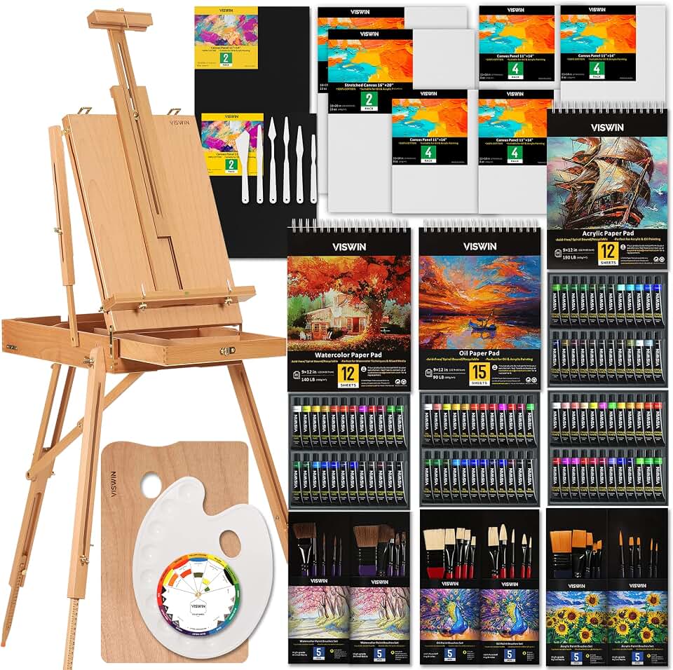 VISWIN 183 PCS Art Supplies Set: All-in-One Painting Kit with Beech Wood French Easel, 96 Paints &amp; Canvases for Adults &amp; Beginners