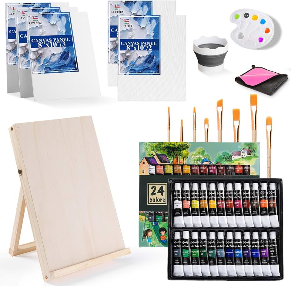 LEYEDZ Acrylic Paint Set for Kids &amp; Adults,Art Supplies Kit with Canvas | 24 Acrylic Paints,8 Brushes,5 Canvas Panels,Palette,Cup &amp; Towel,Foldable Adjustable Table Easel for School Travel