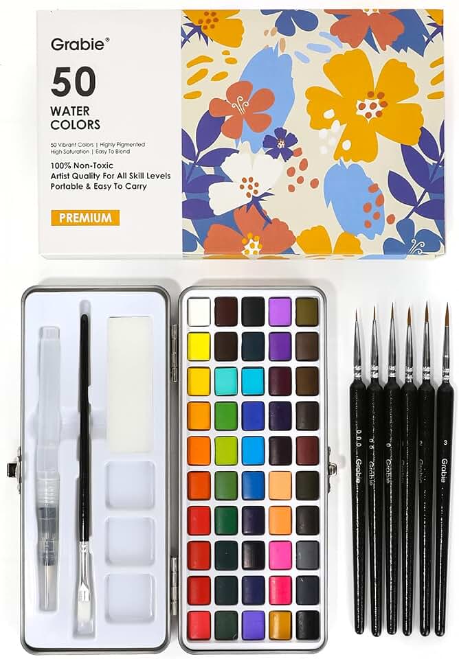 Grabie 50 Color Watercolor Paint Set with Brush Pens | High Pigment Paints, Blendable Colors, Portable Travel Case, Painting, Sketching, Illustration, Beginner And Hobby Artists